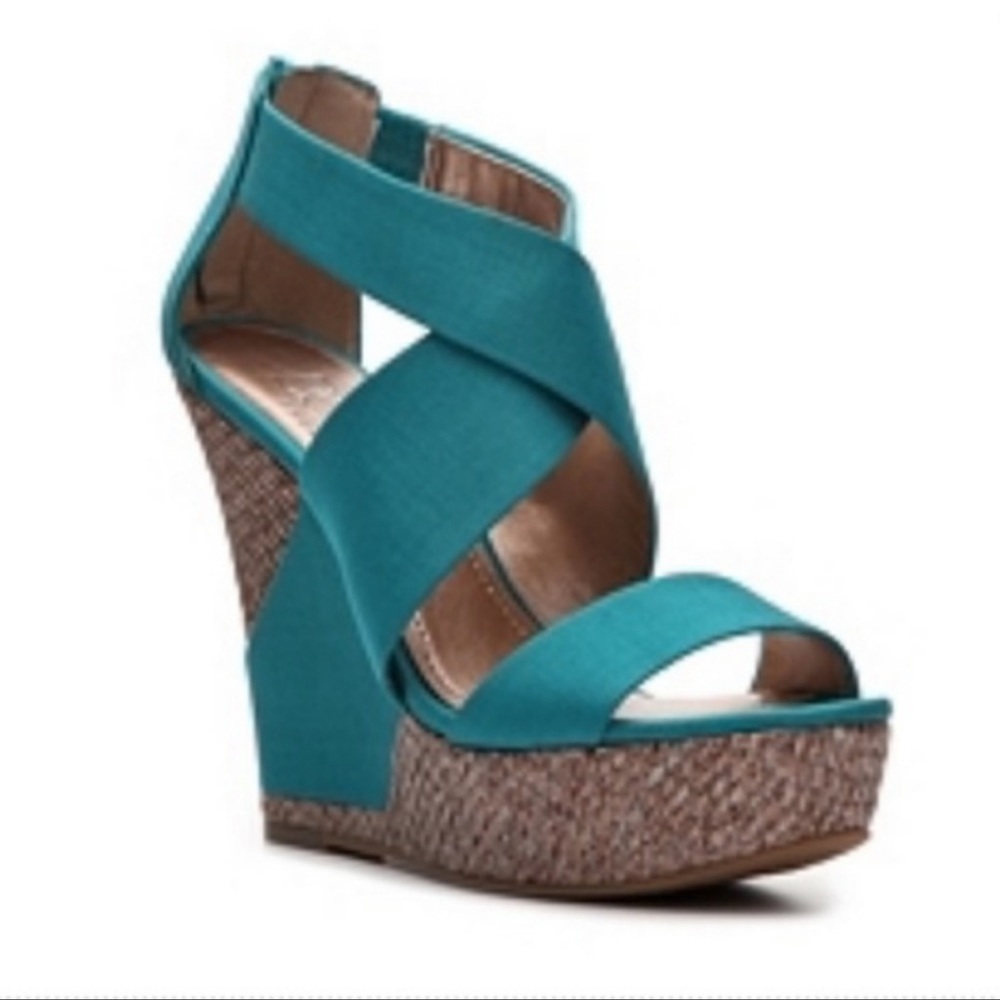 BCBG Luxe Peacock Rando Wrap Wedge Heels!